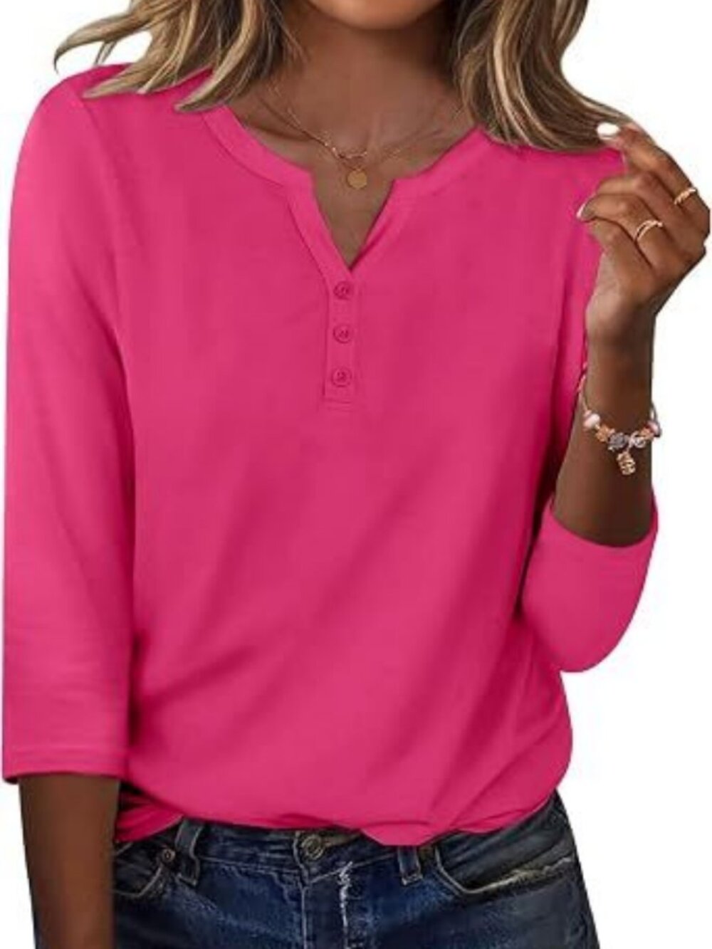 Womens Three Quarter Sleeve Henley Tops Casual Dressy Shirts for Summer and Fall